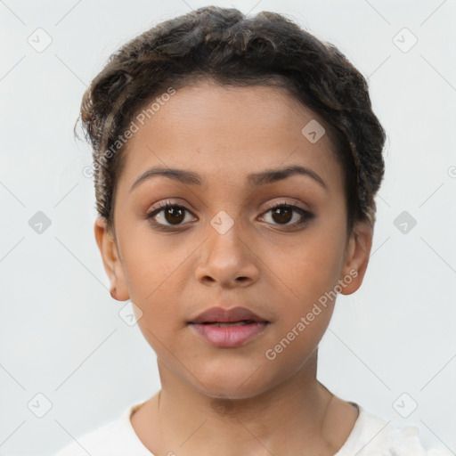 Neutral latino young-adult female with short  brown hair and brown eyes