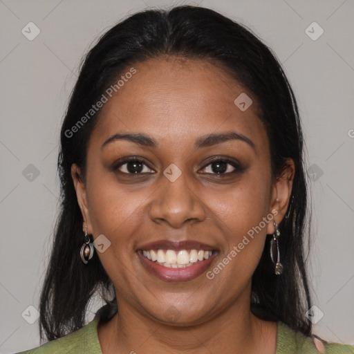 Joyful black young-adult female with medium  brown hair and brown eyes