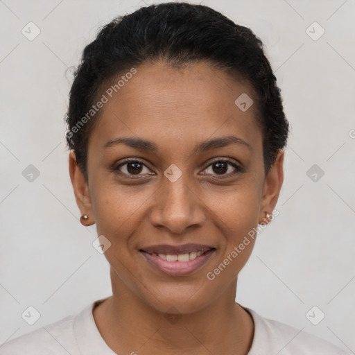 Joyful latino young-adult female with short  brown hair and brown eyes