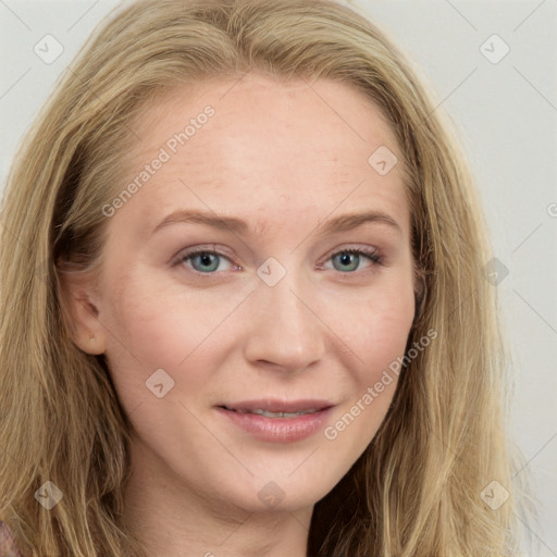 Joyful white young-adult female with long  brown hair and blue eyes