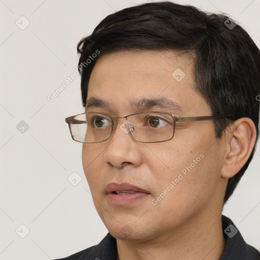 Neutral white adult male with short  black hair and brown eyes