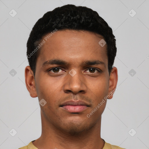 Neutral latino young-adult male with short  black hair and brown eyes
