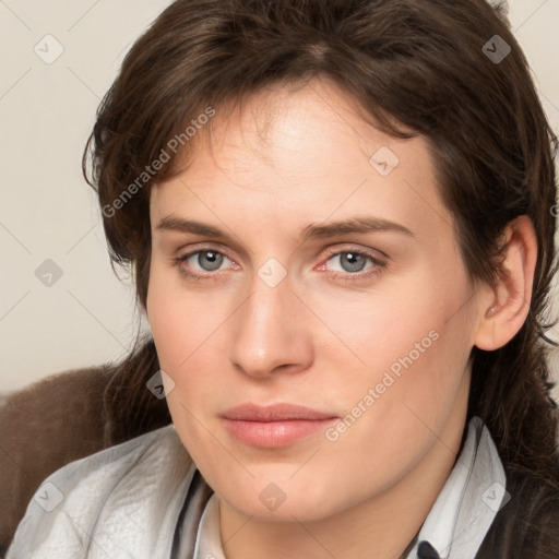 Neutral white young-adult female with medium  brown hair and grey eyes