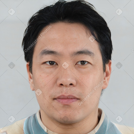 Neutral asian young-adult male with short  black hair and brown eyes