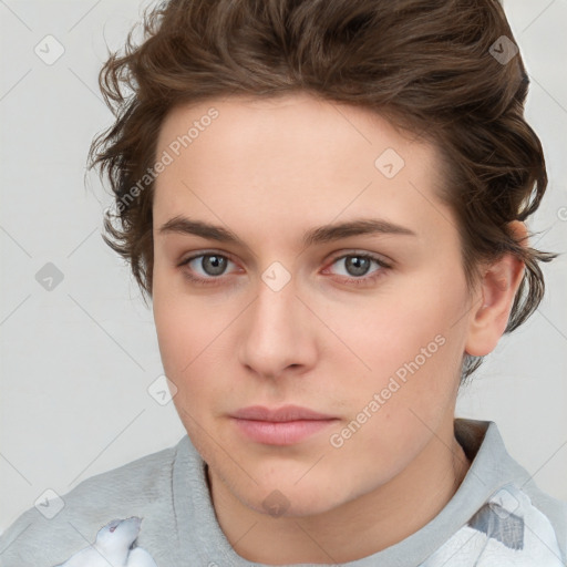 Neutral white young-adult female with short  brown hair and brown eyes