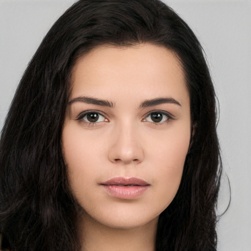 Neutral white young-adult female with long  black hair and brown eyes