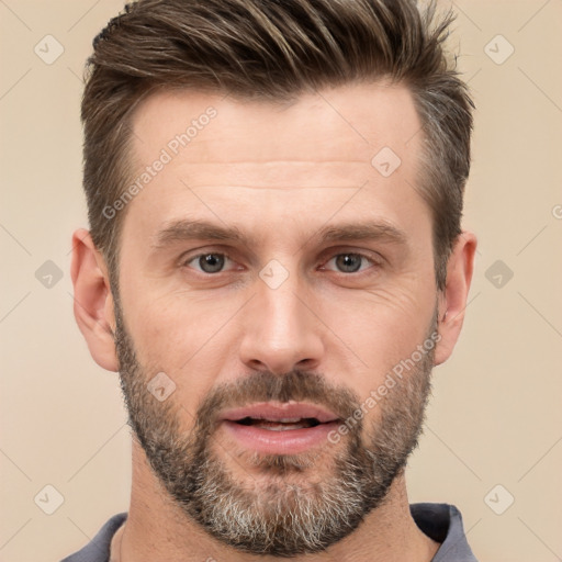 Neutral white adult male with short  brown hair and brown eyes