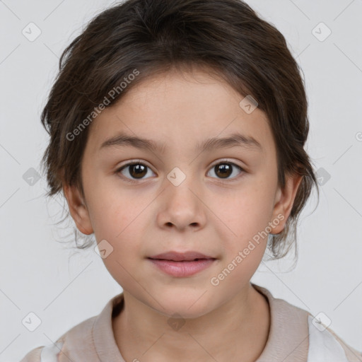 Joyful white child female with medium  brown hair and brown eyes