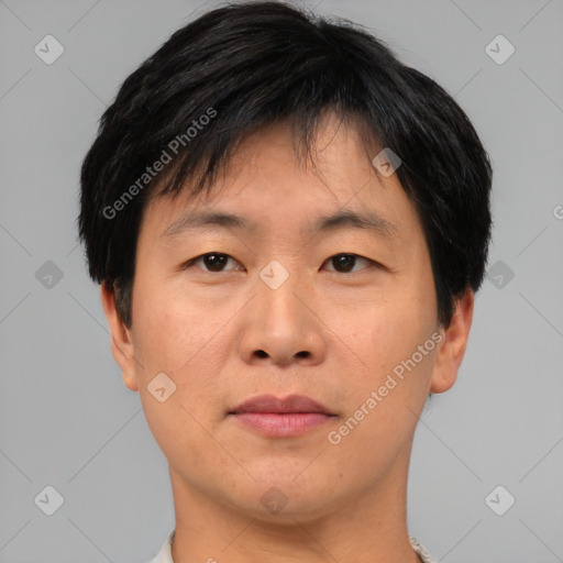 Neutral asian young-adult male with short  brown hair and brown eyes