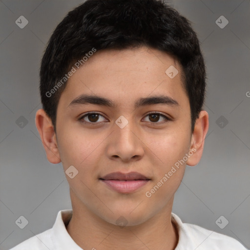 Joyful latino young-adult male with short  brown hair and brown eyes