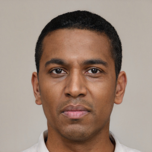 Neutral black young-adult male with short  black hair and brown eyes