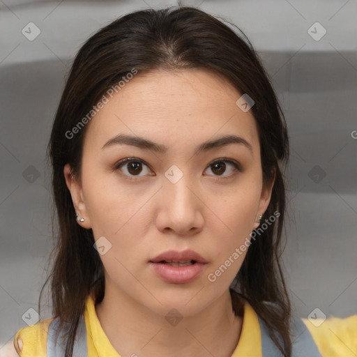 Neutral white young-adult female with medium  brown hair and brown eyes