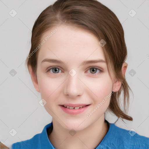 Joyful white child female with medium  brown hair and grey eyes