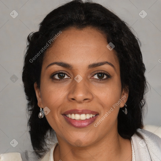 Joyful black young-adult female with medium  black hair and brown eyes