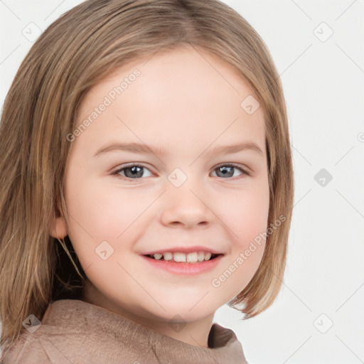 Joyful white child female with medium  brown hair and brown eyes