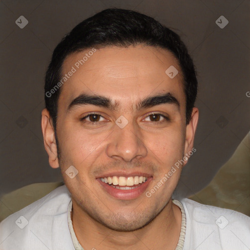 Joyful white young-adult male with short  black hair and brown eyes