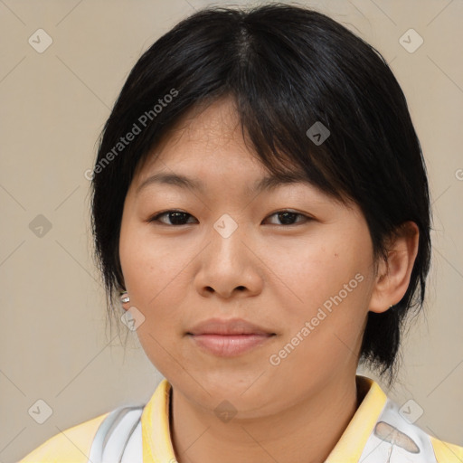 Neutral asian young-adult female with medium  brown hair and brown eyes