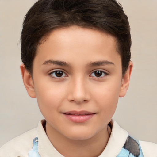 Joyful white child female with short  brown hair and brown eyes