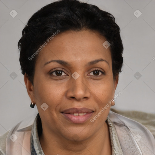 Joyful latino adult female with short  brown hair and brown eyes