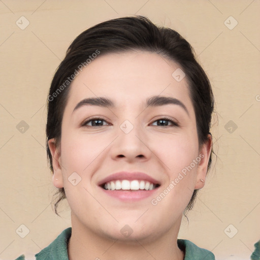 Joyful white young-adult female with medium  brown hair and brown eyes