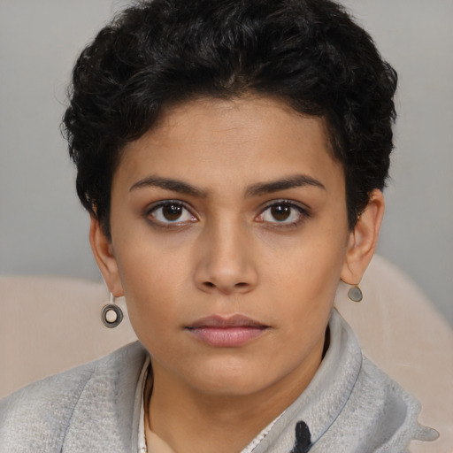 Neutral asian young-adult female with short  brown hair and brown eyes