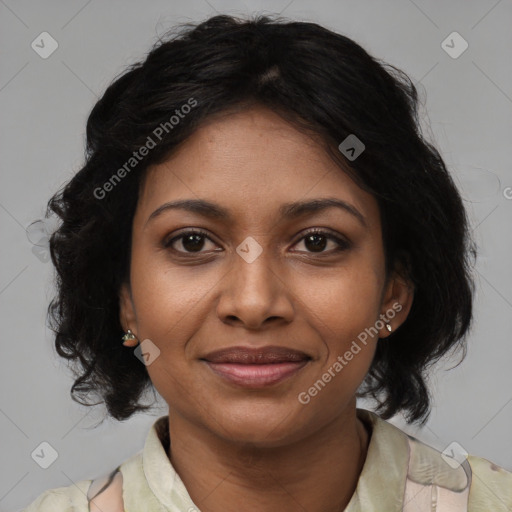 Joyful black young-adult female with medium  black hair and brown eyes