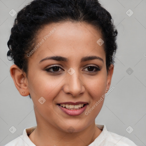 Joyful latino young-adult female with short  brown hair and brown eyes