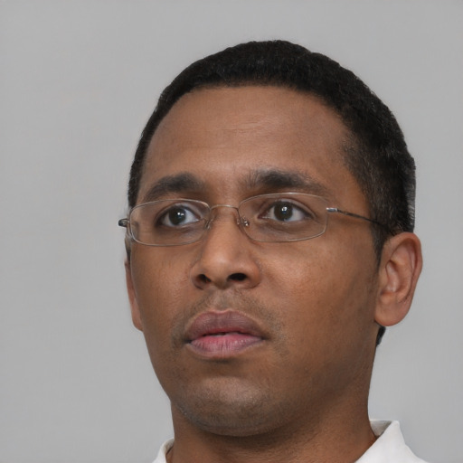 Neutral black young-adult male with short  black hair and brown eyes