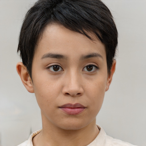 Neutral asian young-adult female with short  brown hair and brown eyes