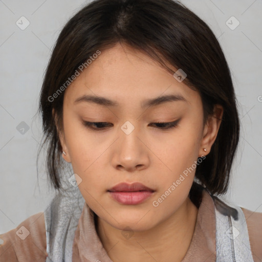 Neutral asian young-adult female with medium  brown hair and brown eyes