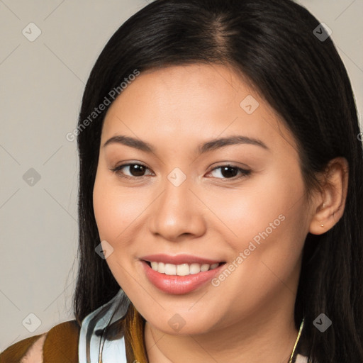 Joyful white young-adult female with long  brown hair and brown eyes