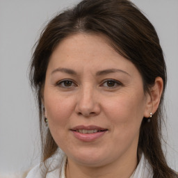 Joyful white adult female with medium  brown hair and brown eyes