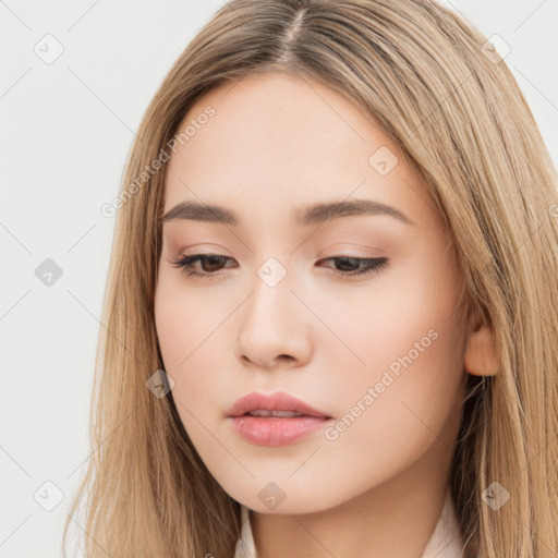 Neutral white young-adult female with long  brown hair and brown eyes