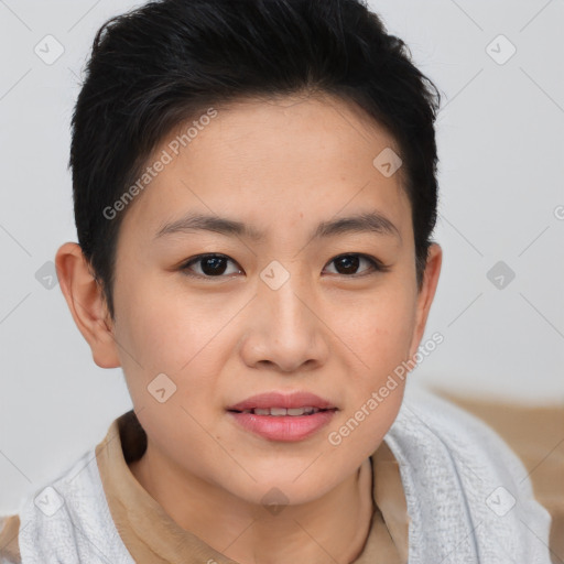 Joyful asian young-adult female with short  brown hair and brown eyes