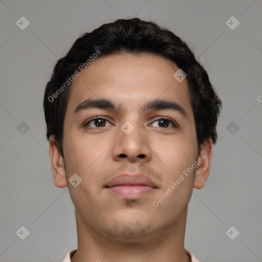 Neutral latino young-adult male with short  brown hair and brown eyes