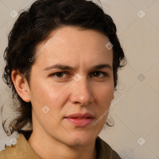 Neutral white adult female with medium  brown hair and brown eyes