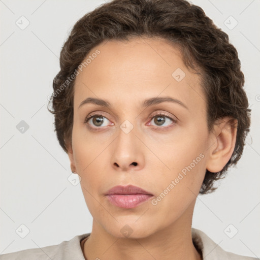 Neutral white young-adult female with short  brown hair and brown eyes