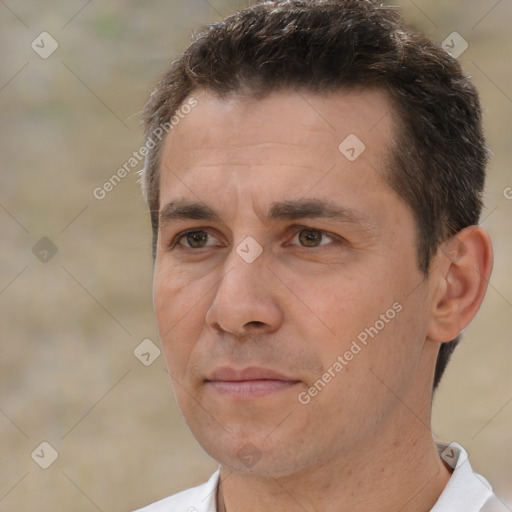 Neutral white adult male with short  brown hair and brown eyes