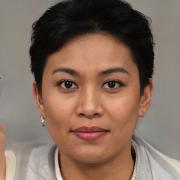 Joyful asian young-adult female with short  black hair and brown eyes