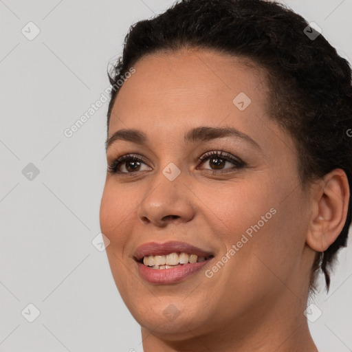 Joyful white young-adult female with medium  brown hair and brown eyes