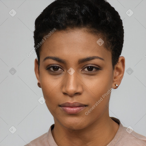 Neutral black young-adult female with short  black hair and brown eyes