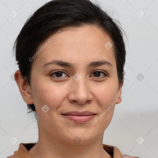 Joyful white young-adult female with short  brown hair and brown eyes