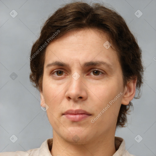 Neutral white adult female with short  brown hair and brown eyes