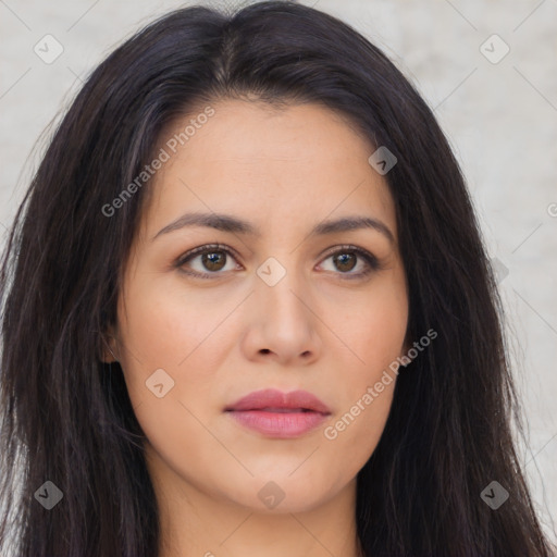 Joyful asian young-adult female with long  brown hair and brown eyes