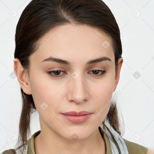 Neutral white young-adult female with medium  brown hair and brown eyes