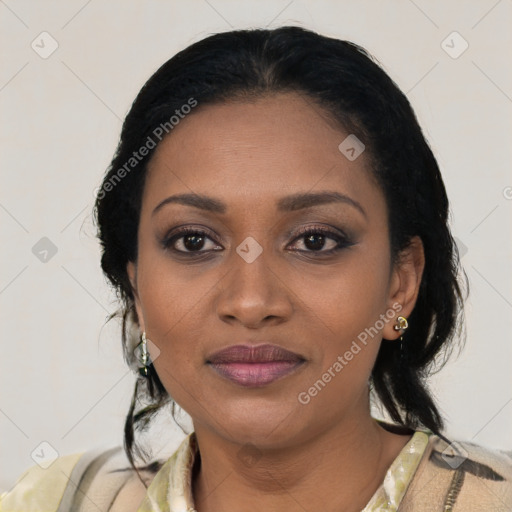 Joyful black young-adult female with medium  black hair and brown eyes