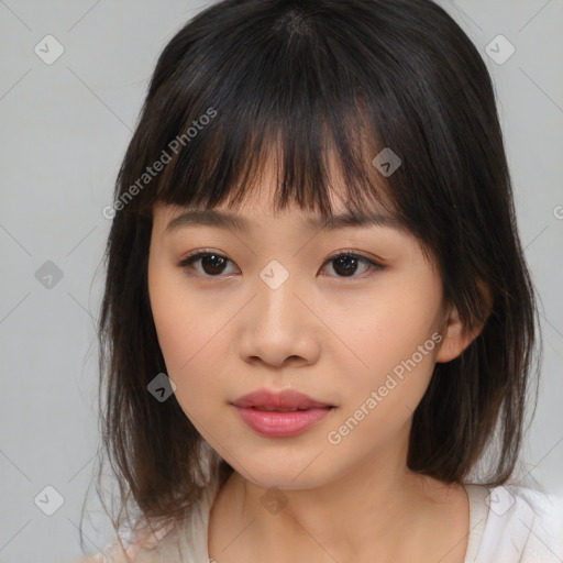 Neutral asian young-adult female with medium  brown hair and brown eyes