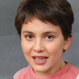 Joyful white child female with short  brown hair and brown eyes