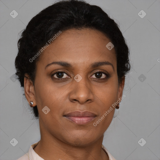 Joyful black adult female with short  brown hair and brown eyes