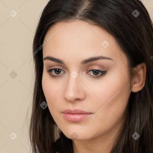 Neutral white young-adult female with long  brown hair and brown eyes